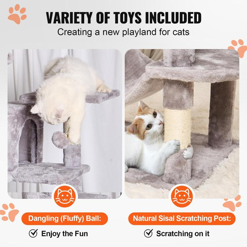 VEVOR Cat Tree for Indoor Cats, 63" Cat Tower with 2 Cat Condos, Sisal Scratching Post, Hammock, Top Perch, Jumping Platforms, Large Cat Furniture Activity Center with Hang Ball, Light Grey