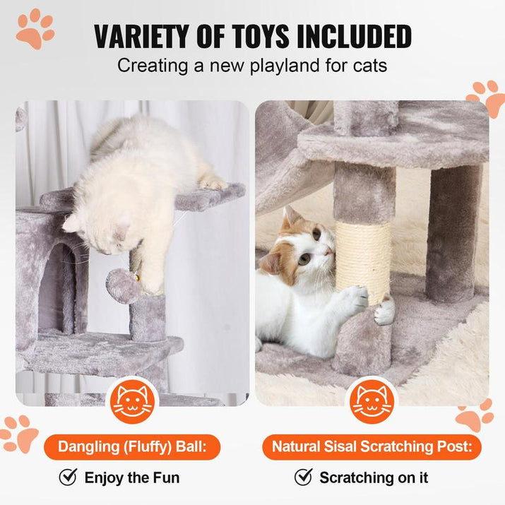 VEVOR Cat Tree for Indoor Cats, 63" Cat Tower with 2 Cat Condos, Sisal Scratching Post, Hammock, Top Perch, Jumping Platforms, Large Cat Furniture Activity Center with Hang Ball, Light Grey