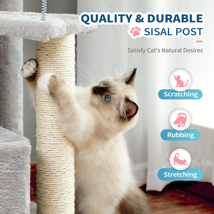 3-Level Gray Cat Tree with 2-Door Condo, Toy Ball and Top Bed