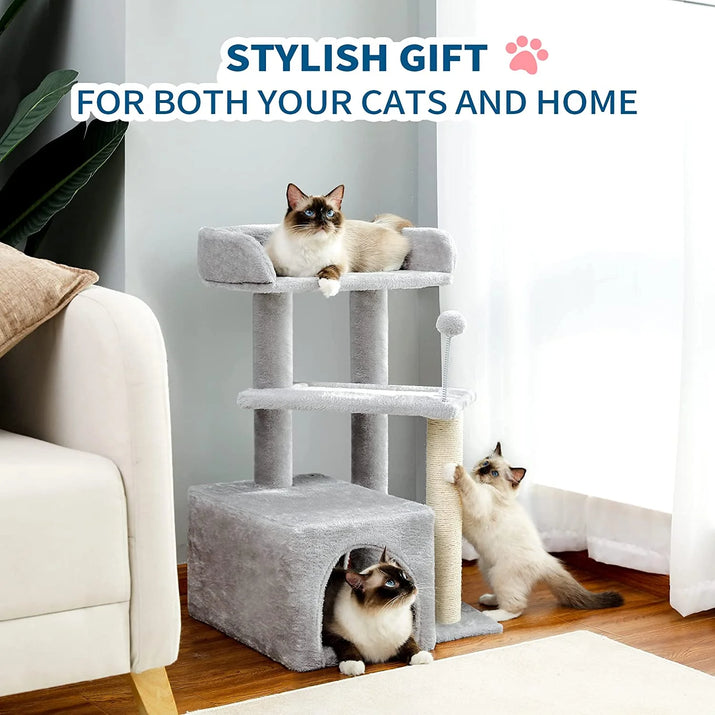 3-Level Gray Cat Tree with 2-Door Condo, Toy Ball and Top Bed
