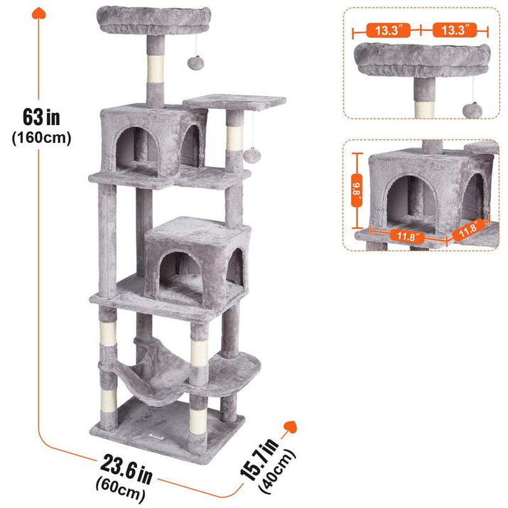 VEVOR Cat Tree for Indoor Cats, 63" Cat Tower with 2 Cat Condos, Sisal Scratching Post, Hammock, Top Perch, Jumping Platforms, Large Cat Furniture Activity Center with Hang Ball, Light Grey