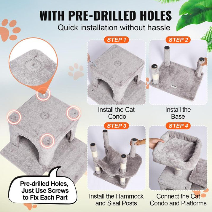 VEVOR Cat Tree for Indoor Cats, 63" Cat Tower with 2 Cat Condos, Sisal Scratching Post, Hammock, Top Perch, Jumping Platforms, Large Cat Furniture Activity Center with Hang Ball, Light Grey