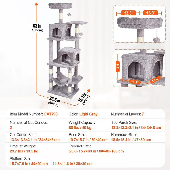 VEVOR Cat Tree for Indoor Cats, 63" Cat Tower with 2 Cat Condos, Sisal Scratching Post, Hammock, Top Perch, Jumping Platforms, Large Cat Furniture Activity Center with Hang Ball, Light Grey