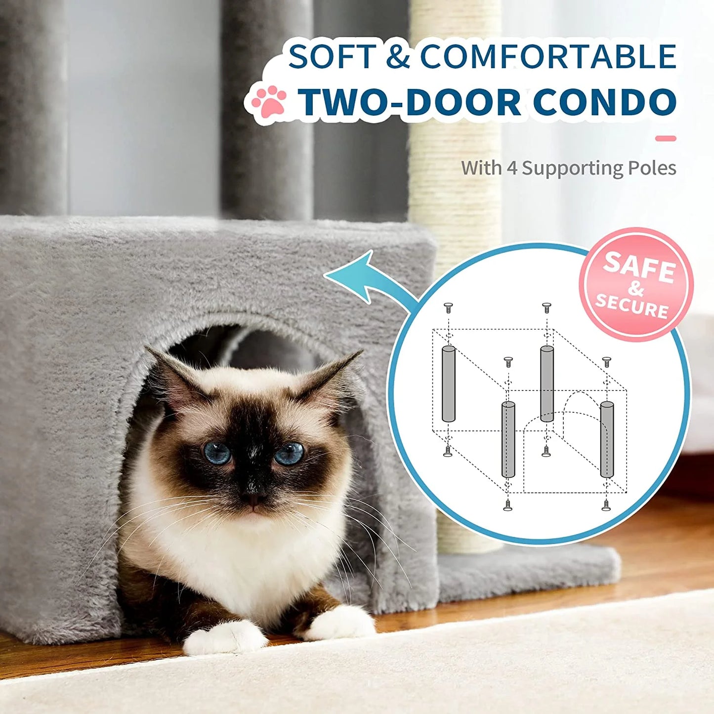 3-Level Gray Cat Tree with 2-Door Condo, Toy Ball and Top Bed
