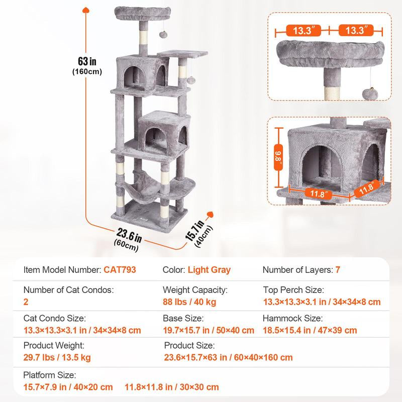 VEVOR Cat Tree for Indoor Cats, 63" Cat Tower with 2 Cat Condos, Sisal Scratching Post, Hammock, Top Perch, Jumping Platforms, Large Cat Furniture Activity Center with Hang Ball, Light Grey