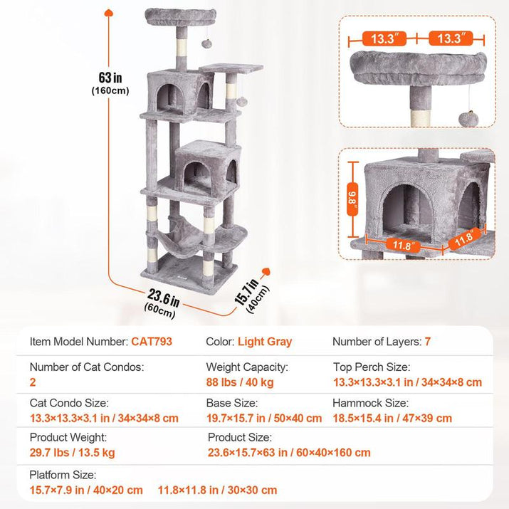VEVOR Cat Tree for Indoor Cats, 63" Cat Tower with 2 Cat Condos, Sisal Scratching Post, Hammock, Top Perch, Jumping Platforms, Large Cat Furniture Activity Center with Hang Ball, Light Grey