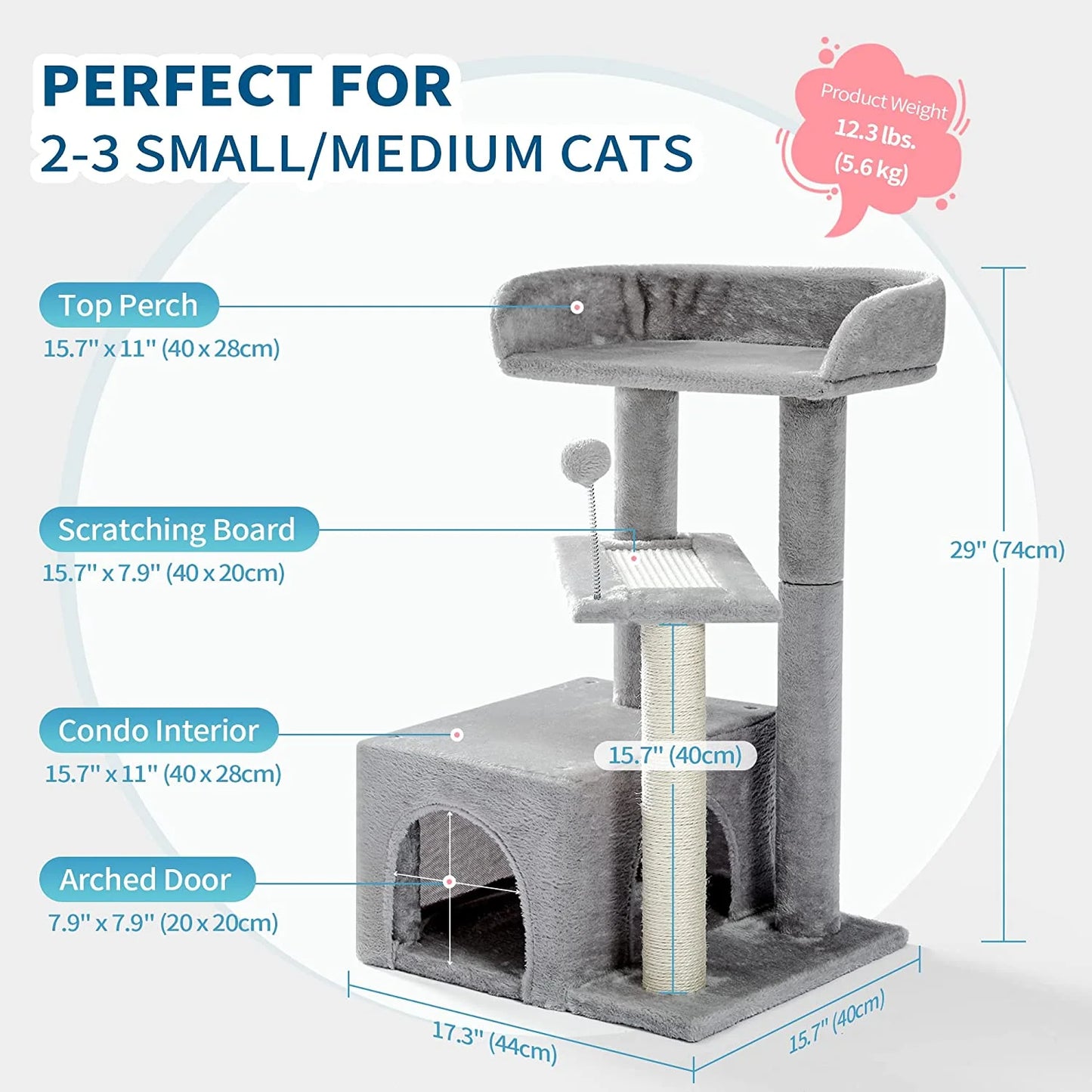 3-Level Gray Cat Tree with 2-Door Condo, Toy Ball and Top Bed