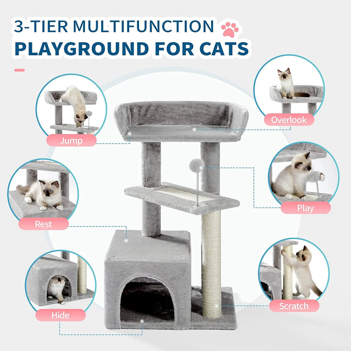 3-Level Gray Cat Tree with 2-Door Condo, Toy Ball and Top Bed