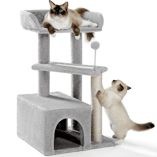 3-Level Gray Cat Tree with 2-Door Condo, Toy Ball and Top Bed