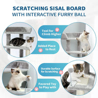 3-Level Gray Cat Tree with 2-Door Condo, Toy Ball and Top Bed