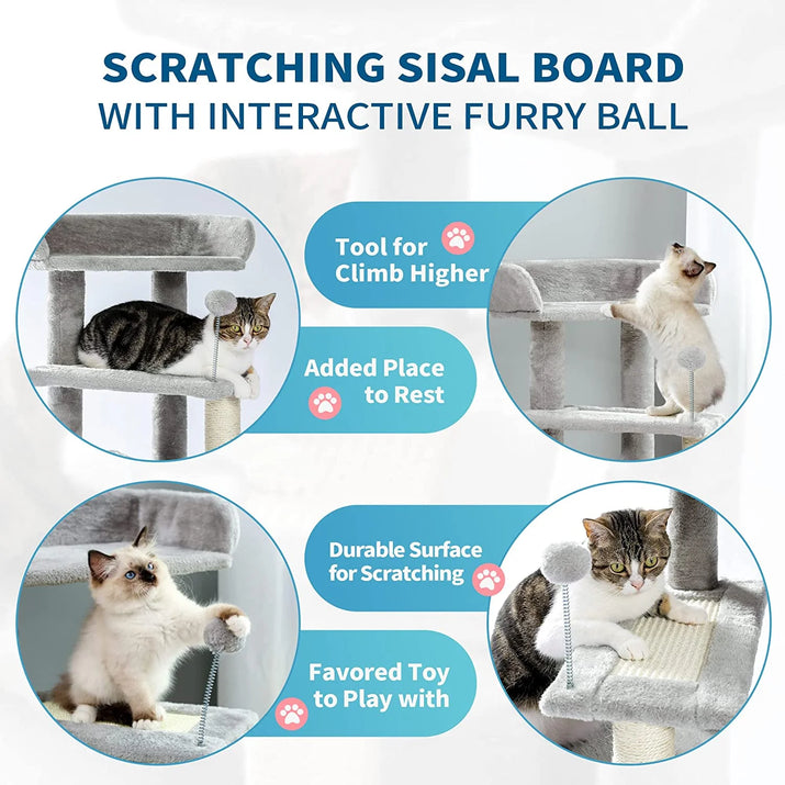 3-Level Gray Cat Tree with 2-Door Condo, Toy Ball and Top Bed