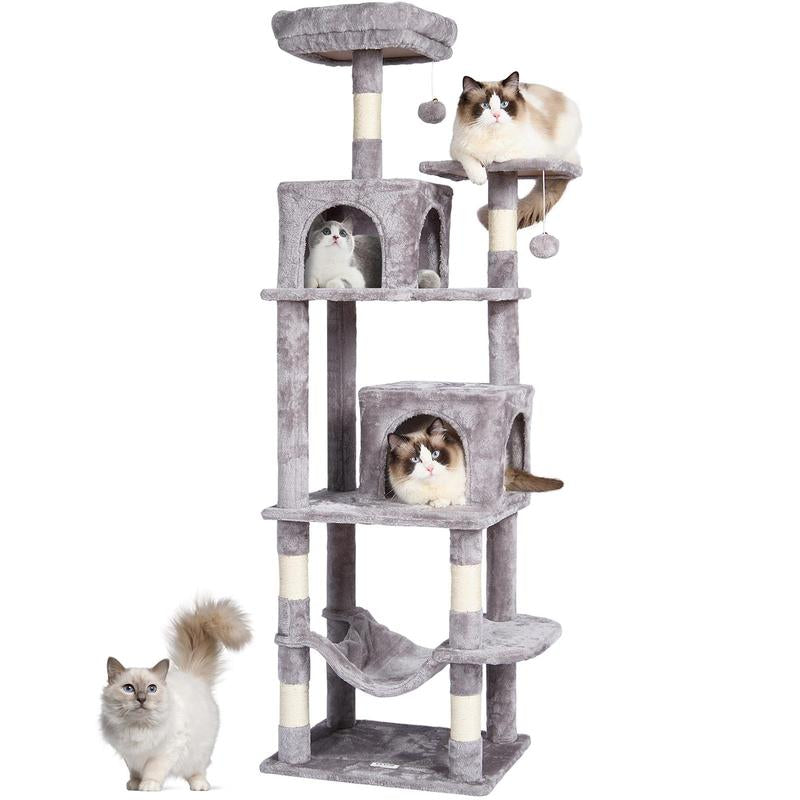 VEVOR Cat Tree for Indoor Cats, 63" Cat Tower with 2 Cat Condos, Sisal Scratching Post, Hammock, Top Perch, Jumping Platforms, Large Cat Furniture Activity Center with Hang Ball, Light Grey