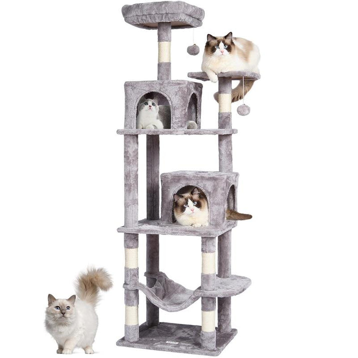 VEVOR Cat Tree for Indoor Cats, 63" Cat Tower with 2 Cat Condos, Sisal Scratching Post, Hammock, Top Perch, Jumping Platforms, Large Cat Furniture Activity Center with Hang Ball, Light Grey