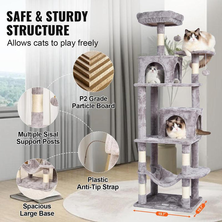 VEVOR Cat Tree for Indoor Cats, 63" Cat Tower with 2 Cat Condos, Sisal Scratching Post, Hammock, Top Perch, Jumping Platforms, Large Cat Furniture Activity Center with Hang Ball, Light Grey