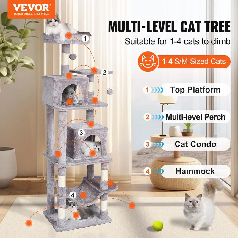 VEVOR Cat Tree for Indoor Cats, 63" Cat Tower with 2 Cat Condos, Sisal Scratching Post, Hammock, Top Perch, Jumping Platforms, Large Cat Furniture Activity Center with Hang Ball, Light Grey