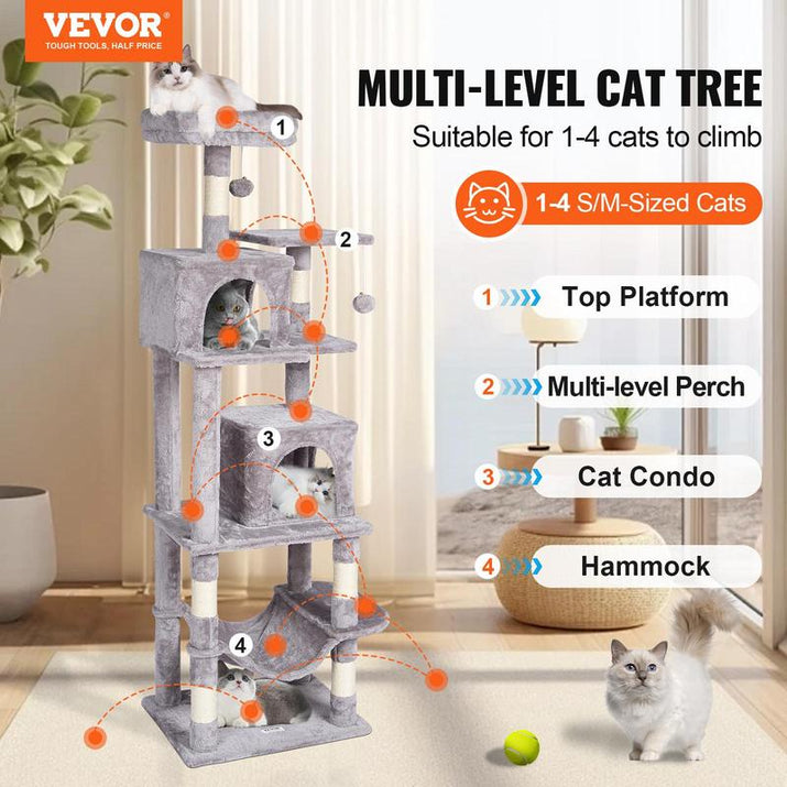 VEVOR Cat Tree for Indoor Cats, 63" Cat Tower with 2 Cat Condos, Sisal Scratching Post, Hammock, Top Perch, Jumping Platforms, Large Cat Furniture Activity Center with Hang Ball, Light Grey